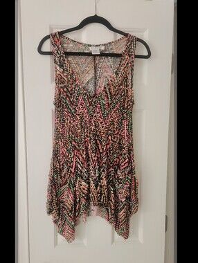 Adore Pink Green Multicolor Geometric Knit shell with Two Front Pockets.